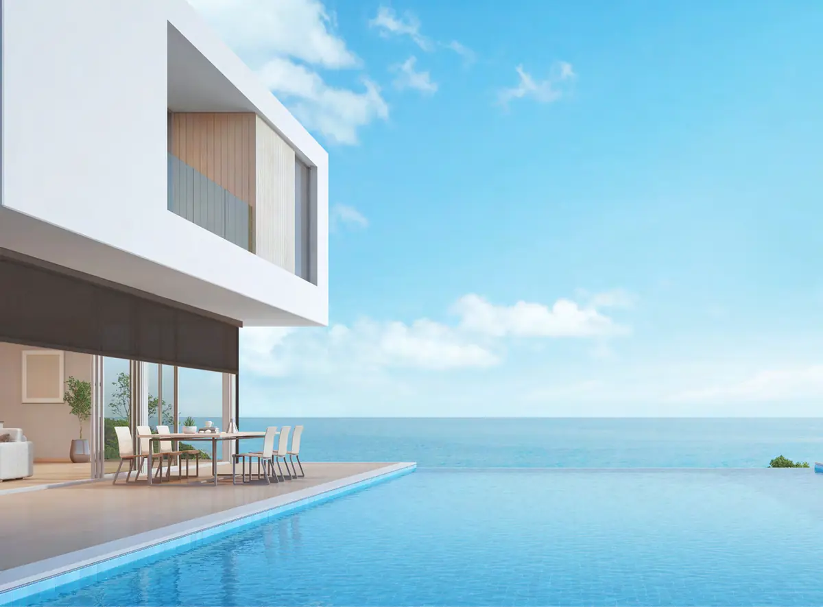 Exterior blinds half drawn on a modern poolside home