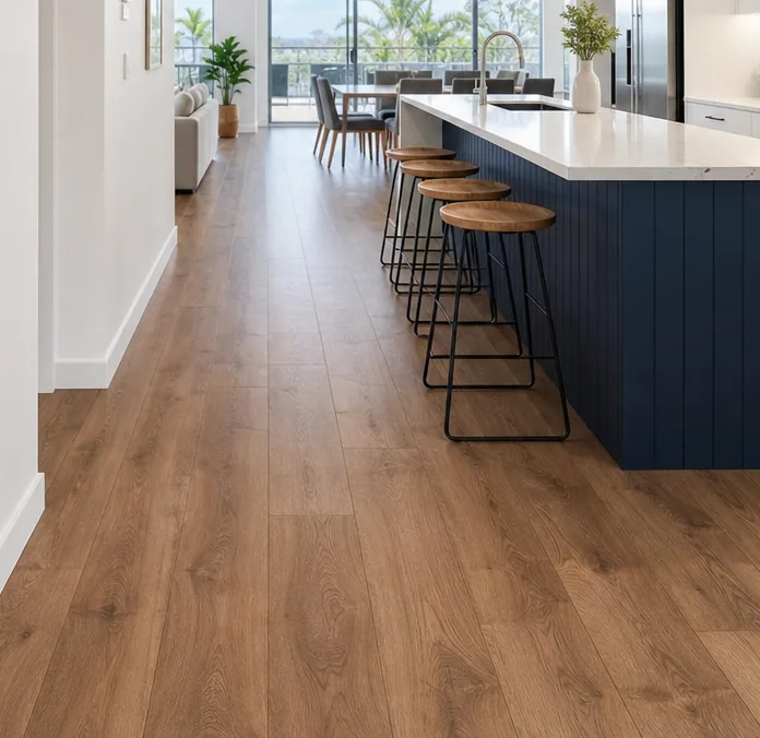Oak flooring running the length of a hallway