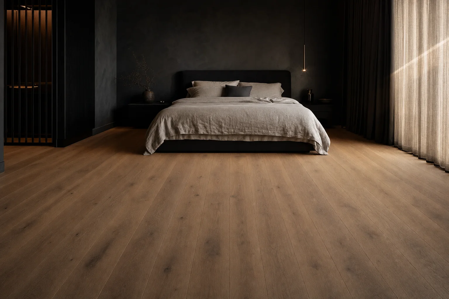 A bedroom before its floor was replaced