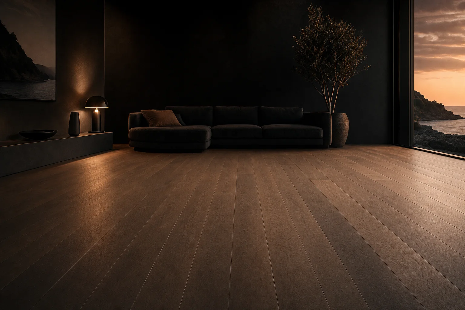 A living room before its floor was replaced