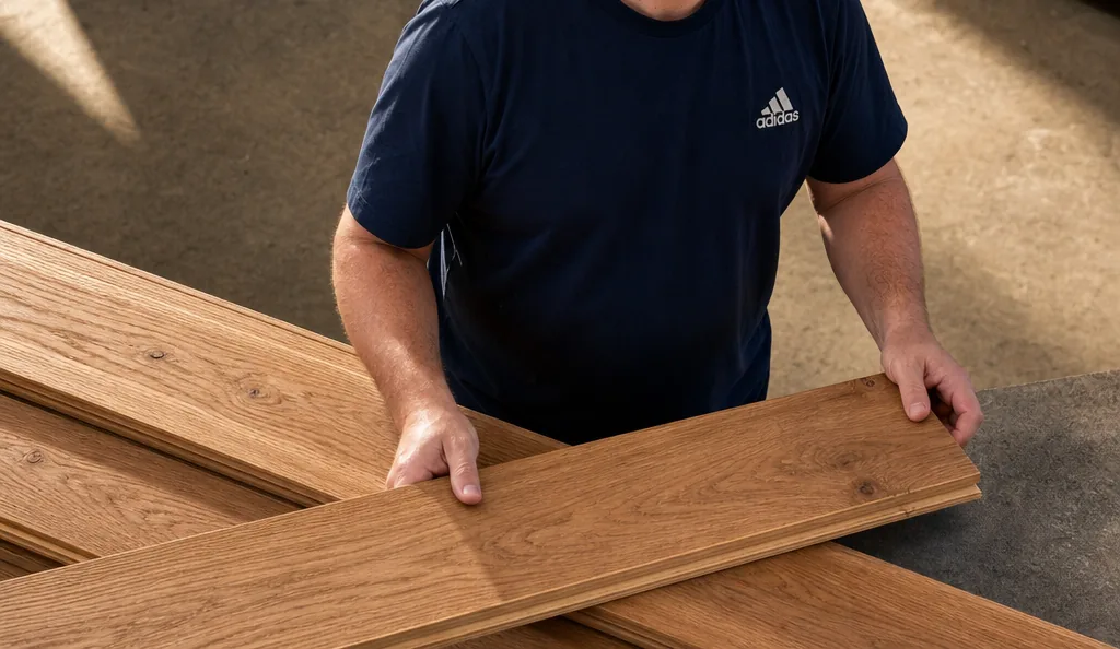 Oak planks being carried in past stacked timber